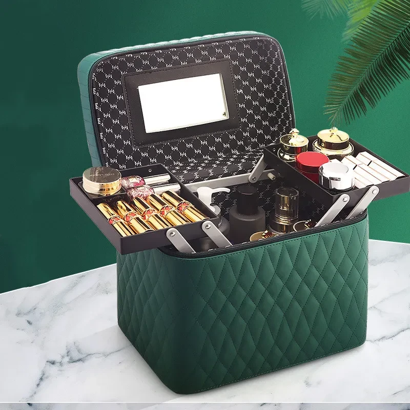 Large Capacity Korean Style Portable Cosmetic Storage Box – Professional Quilted PU Leather Makeup Case with Mirror, Travel Cosmetic Bag for Women
