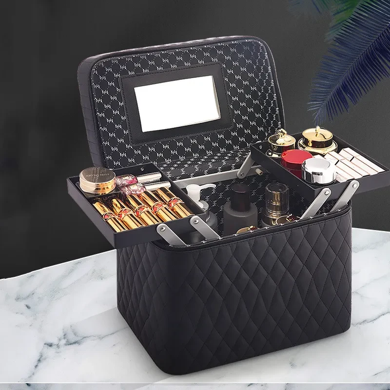 Large Capacity Korean Style Portable Cosmetic Storage Box – Professional Quilted PU Leather Makeup Case with Mirror, Travel Cosmetic Bag for Women