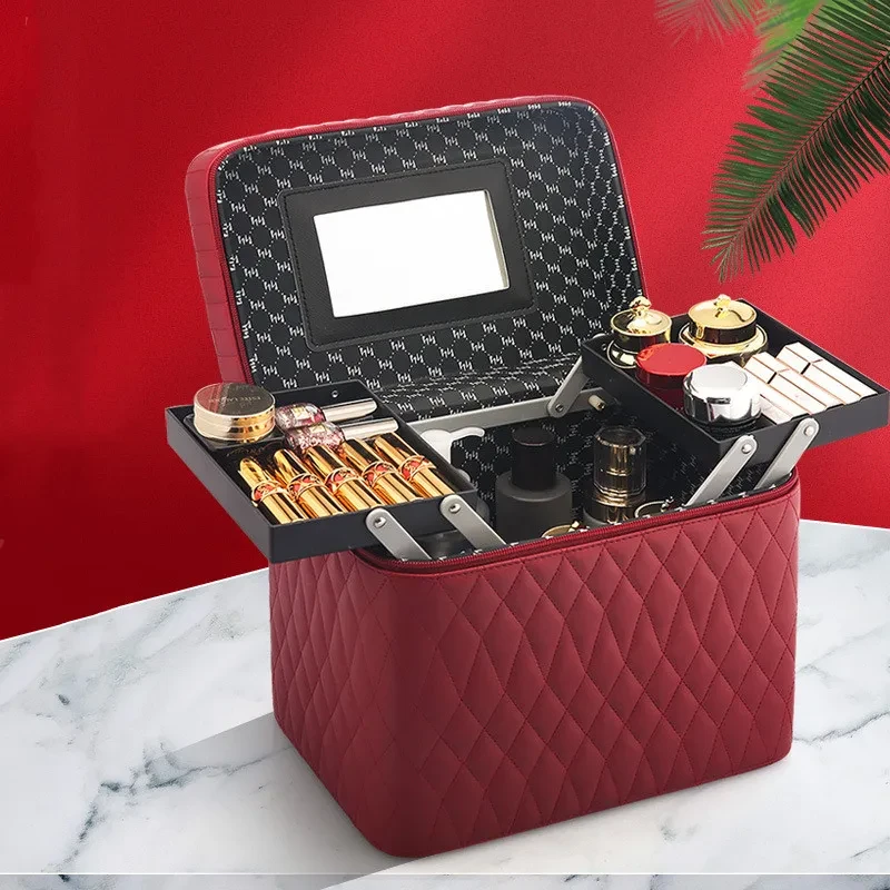 Large Capacity Korean Style Portable Cosmetic Storage Box – Professional Quilted PU Leather Makeup Case with Mirror, Travel Cosmetic Bag for Women
