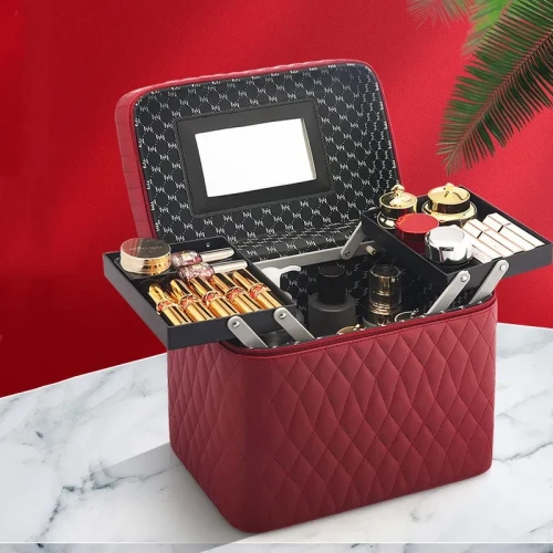Large Capacity Korean Style Portable Cosmetic Storage Box – Professional Quilted PU Leather Makeup Case with Mirror, Travel Cosmetic Bag for Women