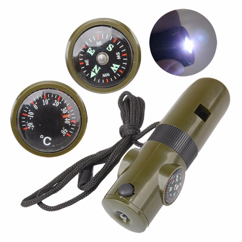 7-in-1 Multifunction Survival Whistle with Compass – Outdoor Emergency Whistle with Thermometer, Magnifier, LED Light, Storage, and Mirror