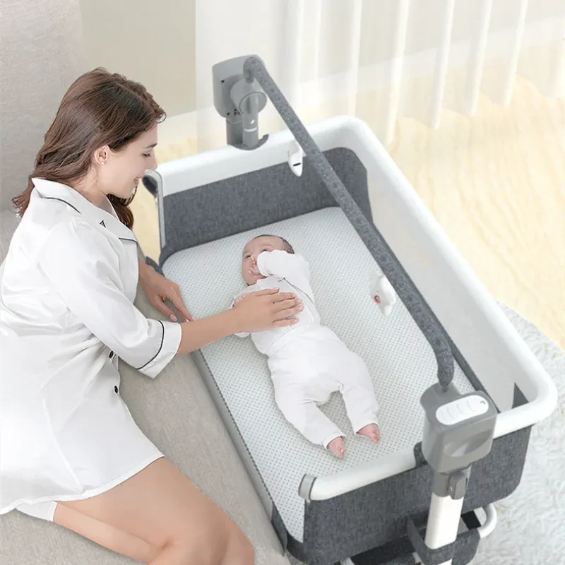 Portable Electric Baby Bassinet – Foldable Bedside Crib with Mosquito Net, Adjustable Height & Splicing Function