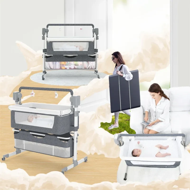 Portable Electric Baby Bassinet – Foldable Bedside Crib with Mosquito Net, Adjustable Height & Splicing Function