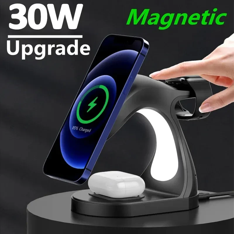 Fast Four-in-One Magnetic Wireless Charger – 15W Phone, Watch, Earbuds & Night Light Charging Dock