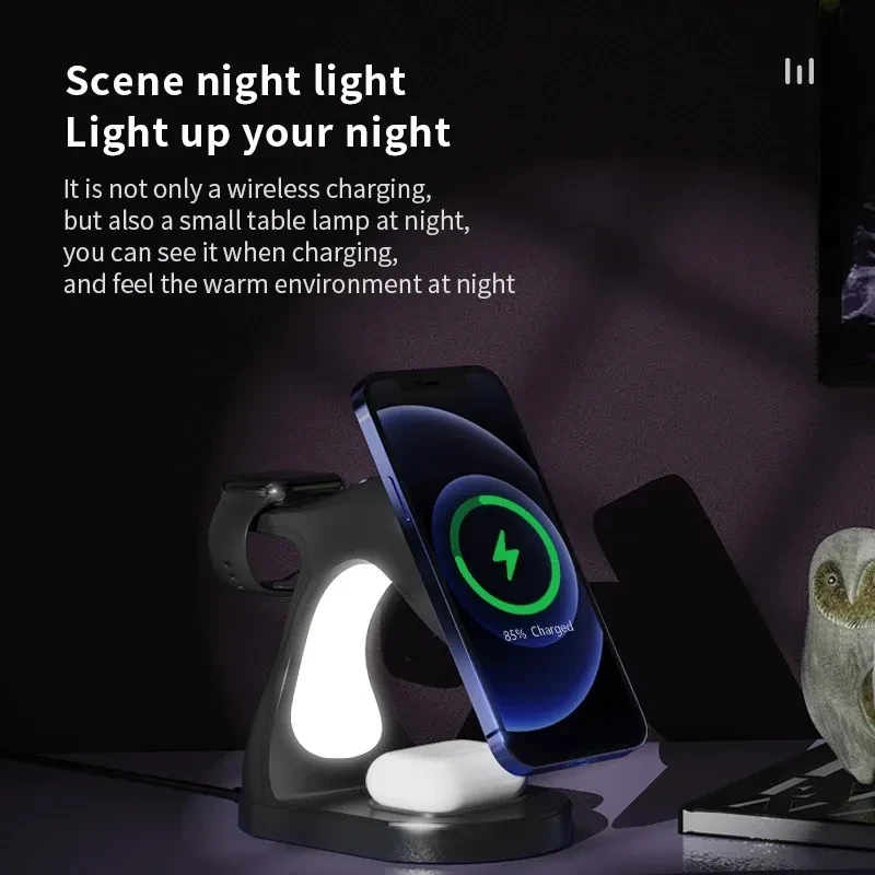 Fast Four-in-One Magnetic Wireless Charger – 15W Phone, Watch, Earbuds & Night Light Charging Dock